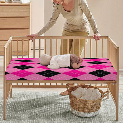 Pink And Black Argyle Pattern Print Baby Crib Sheet