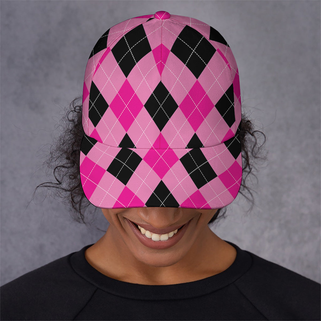 Pink And Black Argyle Pattern Print Baseball Cap