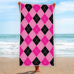 Pink And Black Argyle Pattern Print Beach Towel
