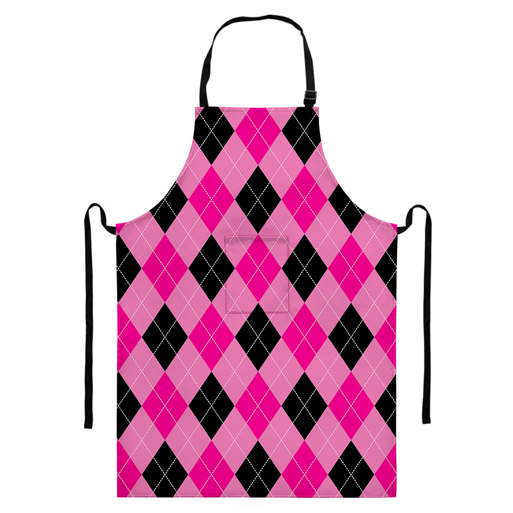 Pink And Black Argyle Pattern Print Bib Apron With Pocket