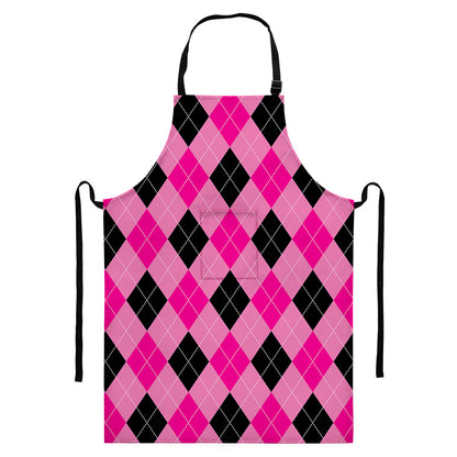 Pink And Black Argyle Pattern Print Bib Apron With Pocket