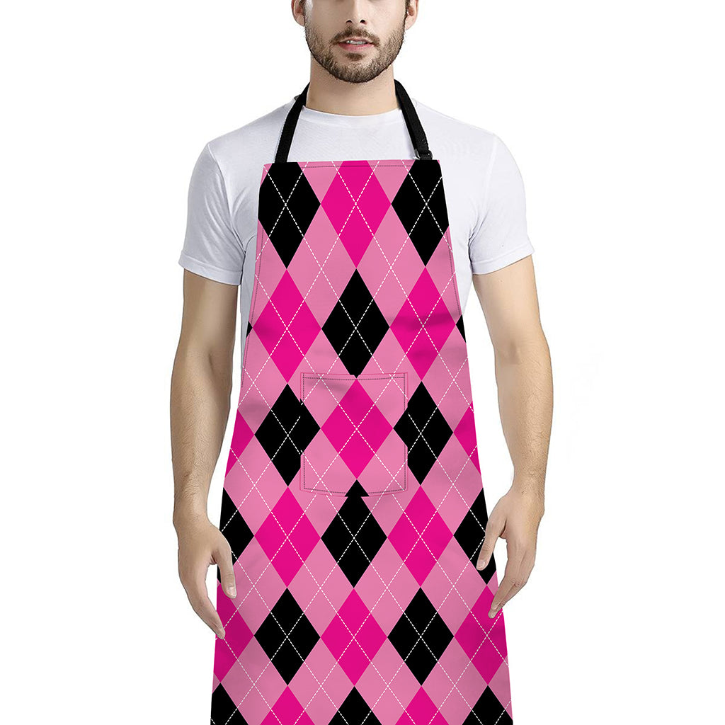 Pink And Black Argyle Pattern Print Bib Apron With Pocket