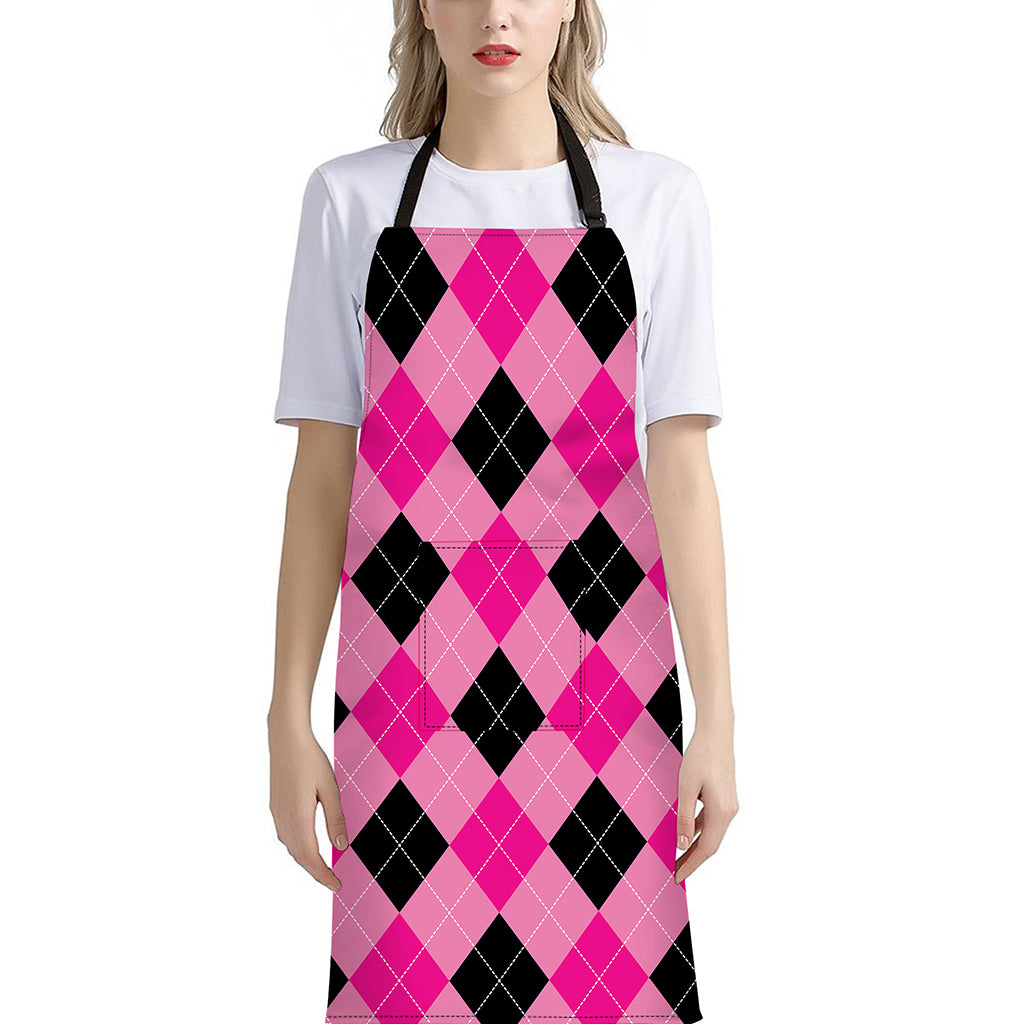 Pink And Black Argyle Pattern Print Bib Apron With Pocket
