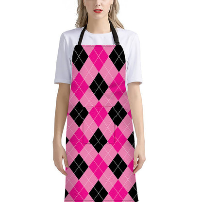 Pink And Black Argyle Pattern Print Bib Apron With Pocket