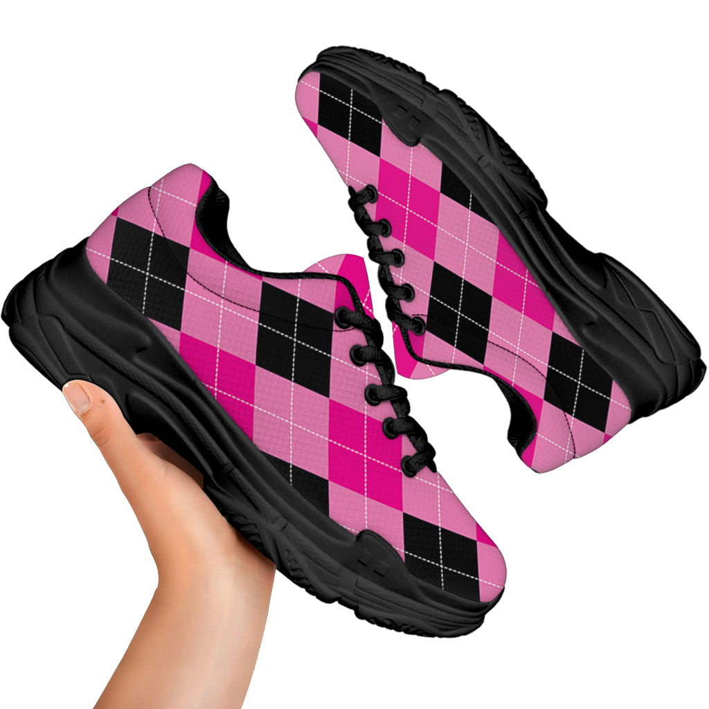 Pink And Black Argyle Pattern Print Black Chunky Shoes