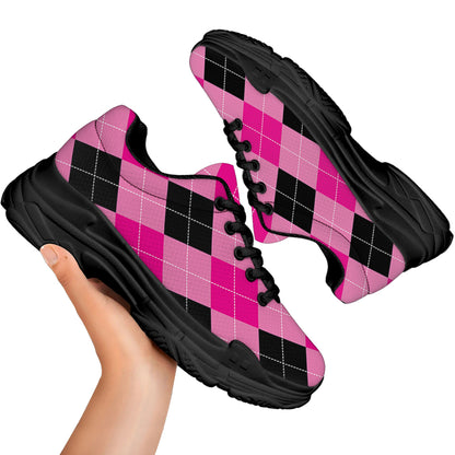 Pink And Black Argyle Pattern Print Black Chunky Shoes