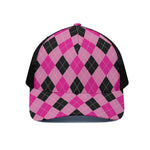 Pink And Black Argyle Pattern Print Black Mesh Trucker Cap
