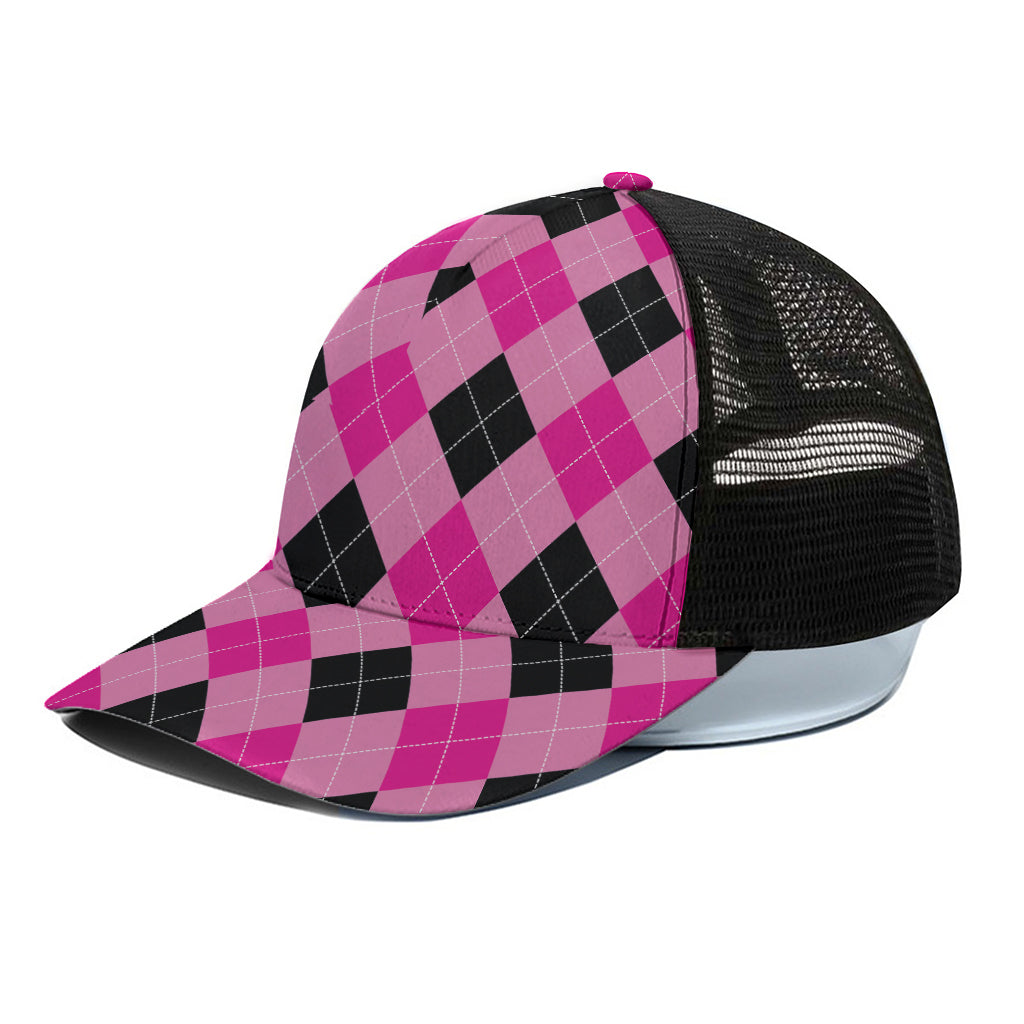 Pink And Black Argyle Pattern Print Black Mesh Trucker Cap