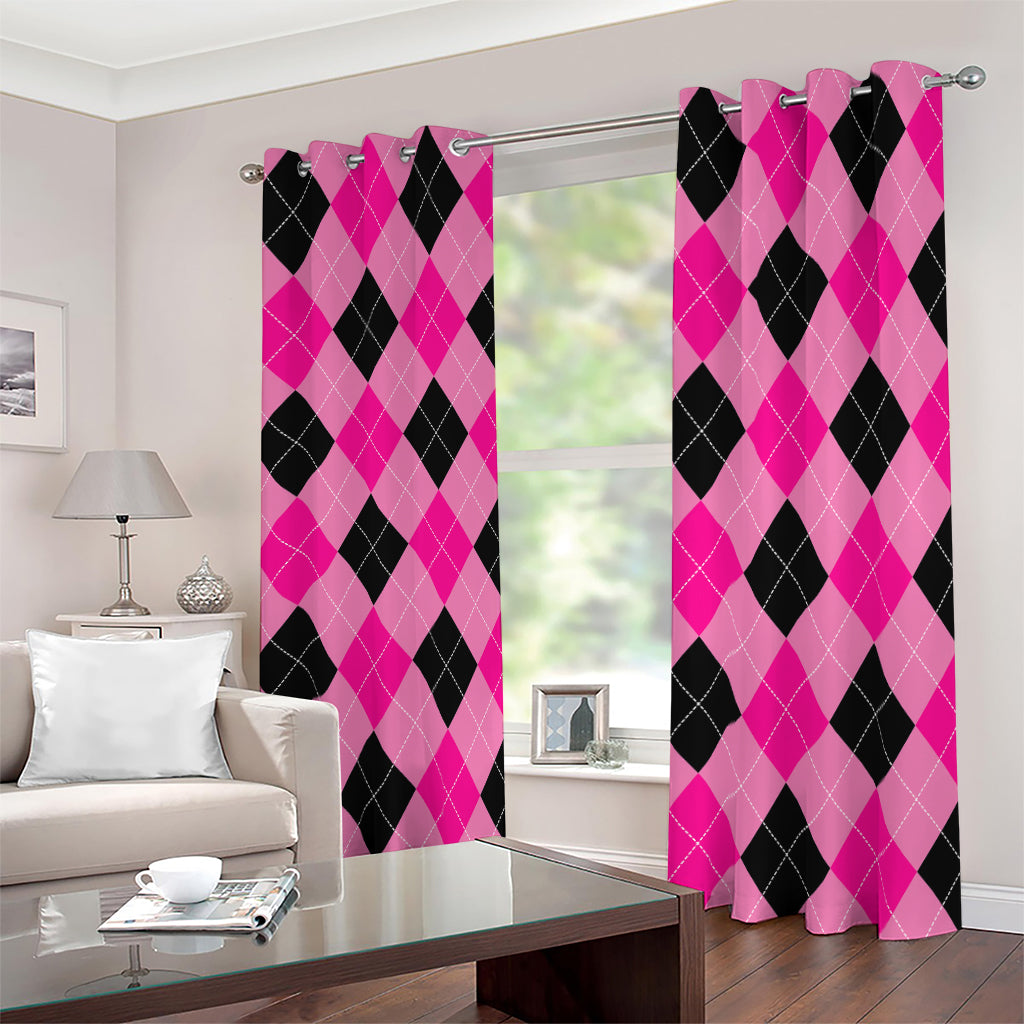 Pink And Black Argyle Pattern Print Blackout Grommet Curtains