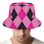 Pink And Black Argyle Pattern Print Bucket Hat
