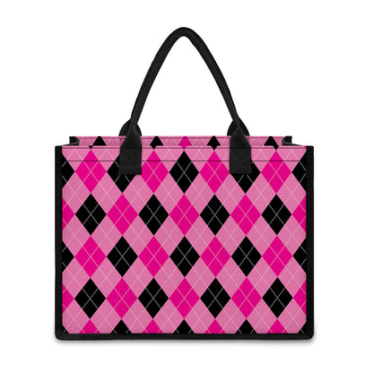 Pink And Black Argyle Pattern Print Canvas Tote Bag