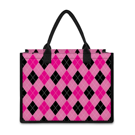 Pink And Black Argyle Pattern Print Canvas Tote Bag