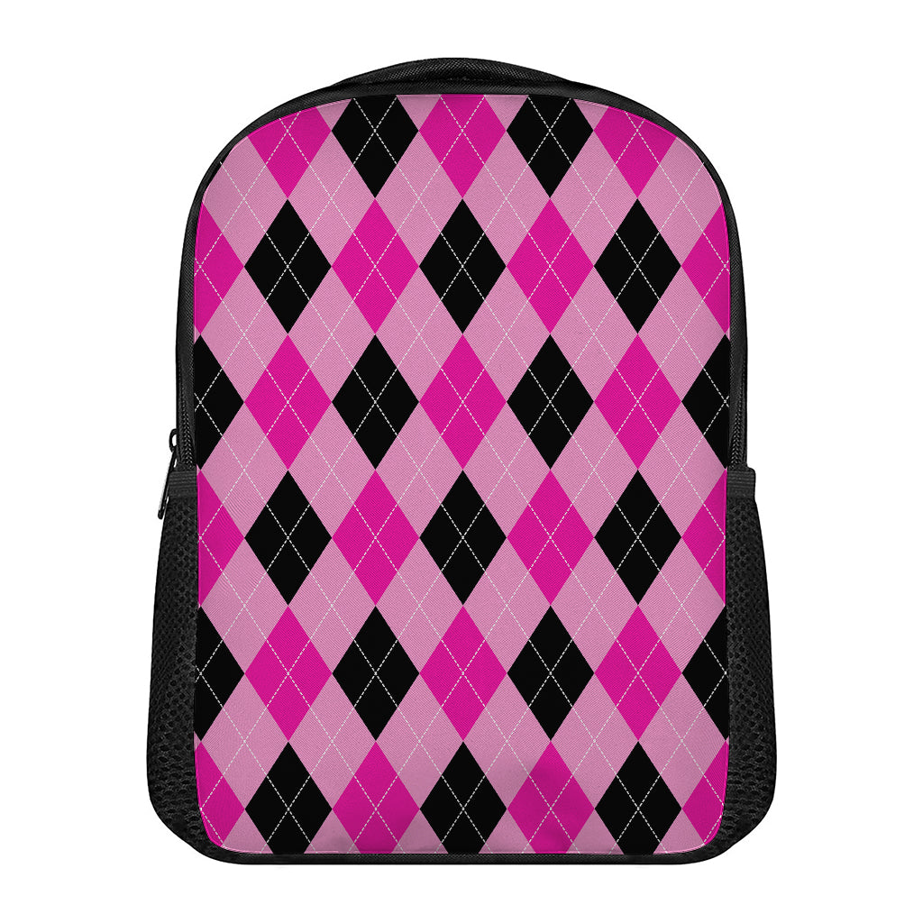 Pink And Black Argyle Pattern Print Casual Backpack