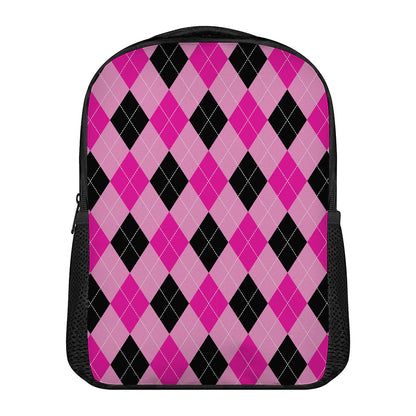 Pink And Black Argyle Pattern Print Casual Backpack