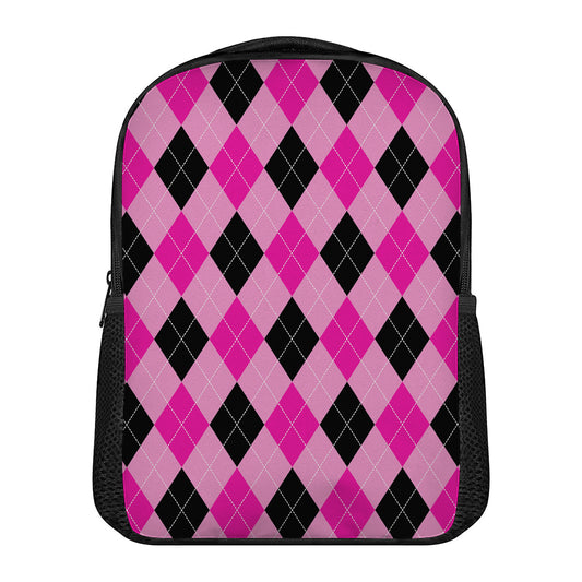 Pink And Black Argyle Pattern Print Casual Backpack