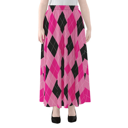 Pink And Black Argyle Pattern Print Chiffon Maxi Skirt