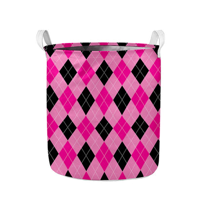 Pink And Black Argyle Pattern Print Collapsible Laundry Basket