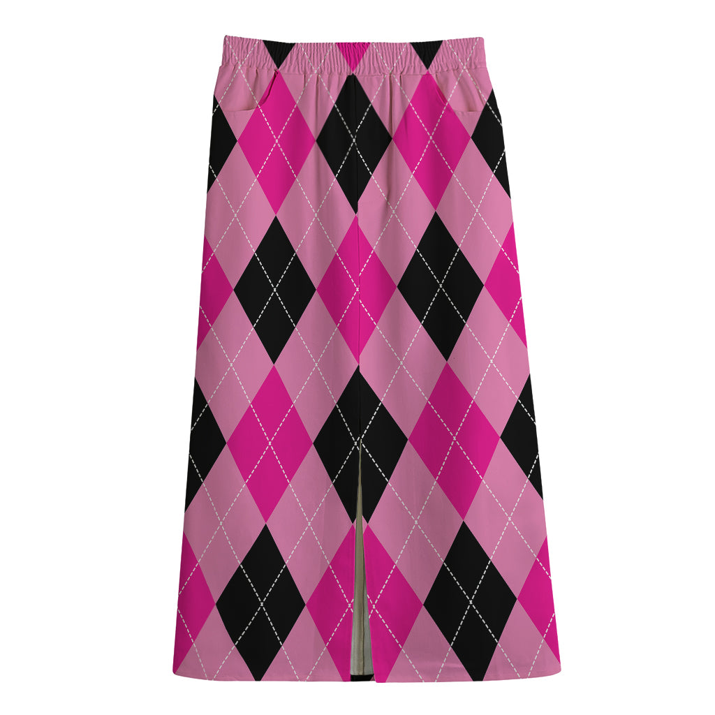 Pink And Black Argyle Pattern Print Cotton Front Slit Maxi Skirt