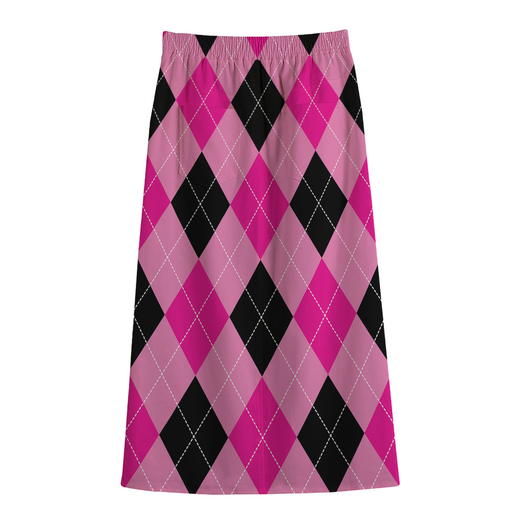 Pink And Black Argyle Pattern Print Cotton Front Slit Maxi Skirt