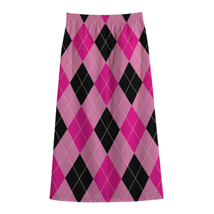 Pink And Black Argyle Pattern Print Cotton Front Slit Maxi Skirt