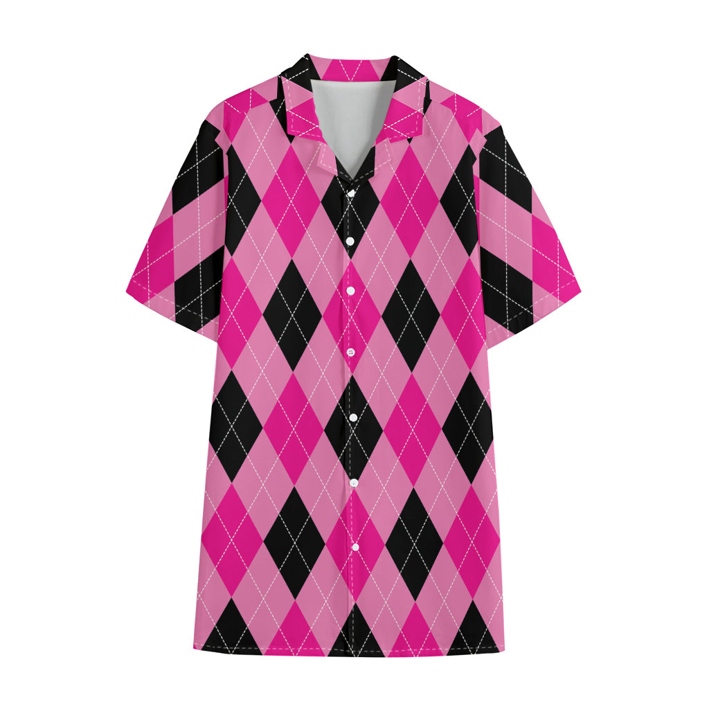 Pink And Black Argyle Pattern Print Cotton Hawaiian Shirt