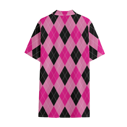 Pink And Black Argyle Pattern Print Cotton Hawaiian Shirt