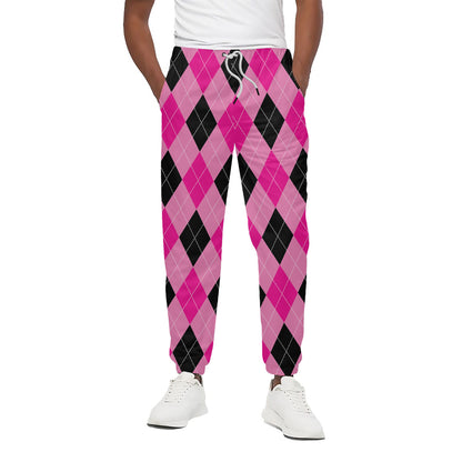Pink And Black Argyle Pattern Print Cotton Pants