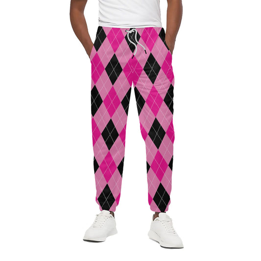 Pink And Black Argyle Pattern Print Cotton Pants