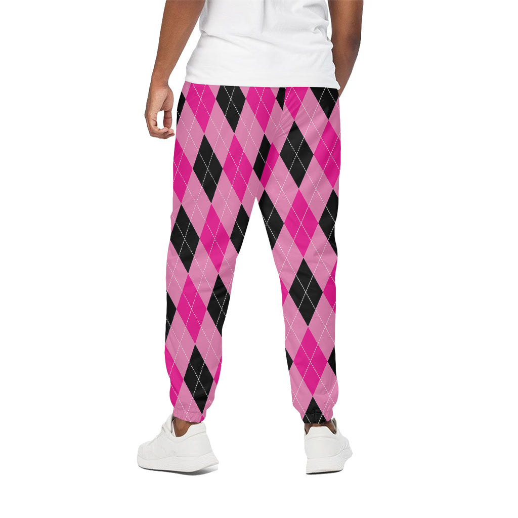 Pink And Black Argyle Pattern Print Cotton Pants