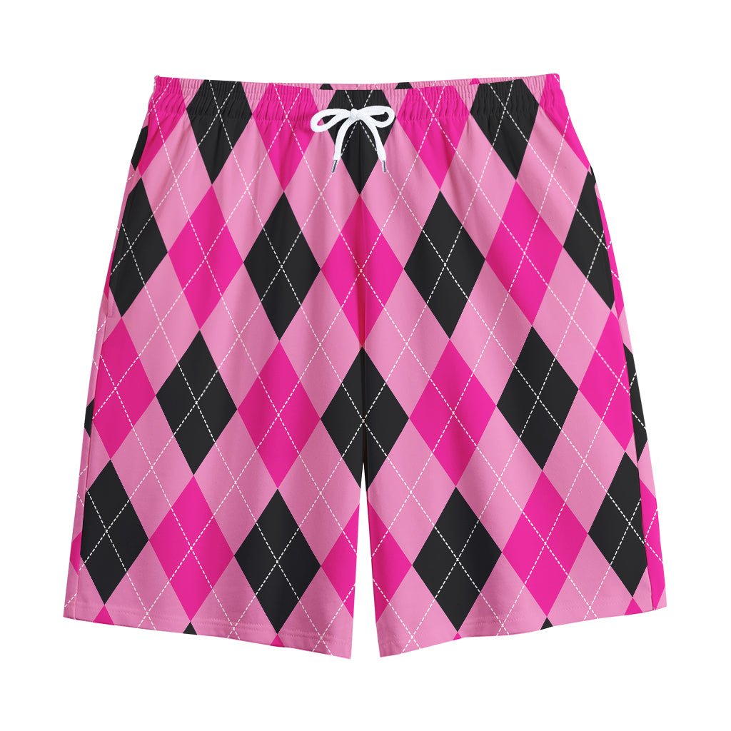 Pink And Black Argyle Pattern Print Cotton Shorts