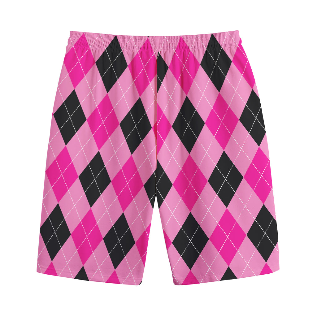 Pink And Black Argyle Pattern Print Cotton Shorts