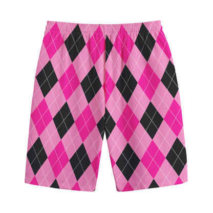 Pink And Black Argyle Pattern Print Cotton Shorts