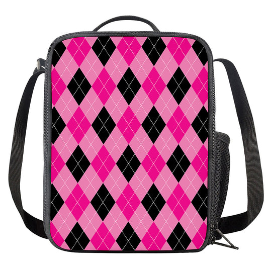 Pink And Black Argyle Pattern Print Crossbody Lunch Bag