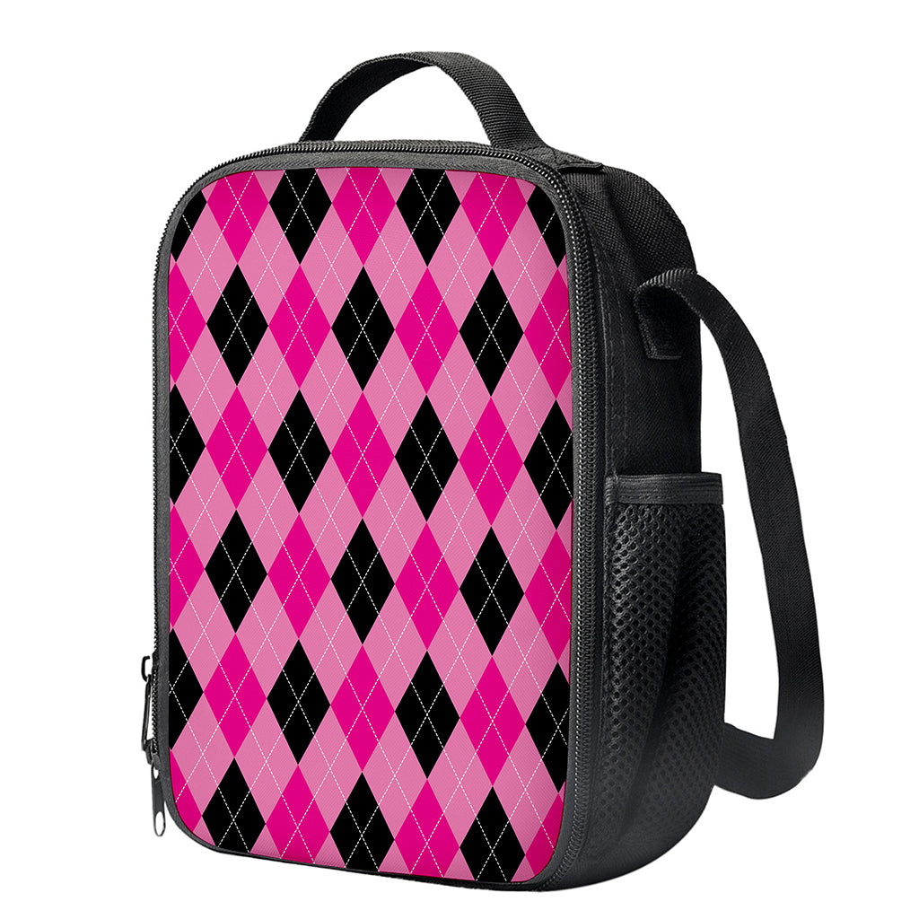Pink And Black Argyle Pattern Print Crossbody Lunch Bag