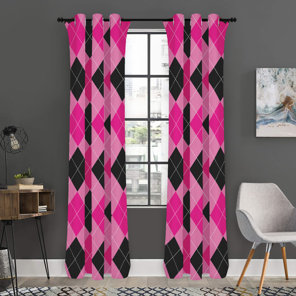 Pink And Black Argyle Pattern Print Curtain