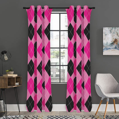 Pink And Black Argyle Pattern Print Curtain