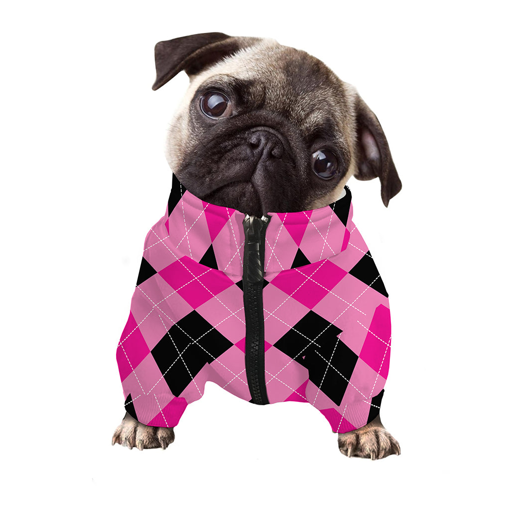 Pink And Black Argyle Pattern Print Dog Zip Up Jacket