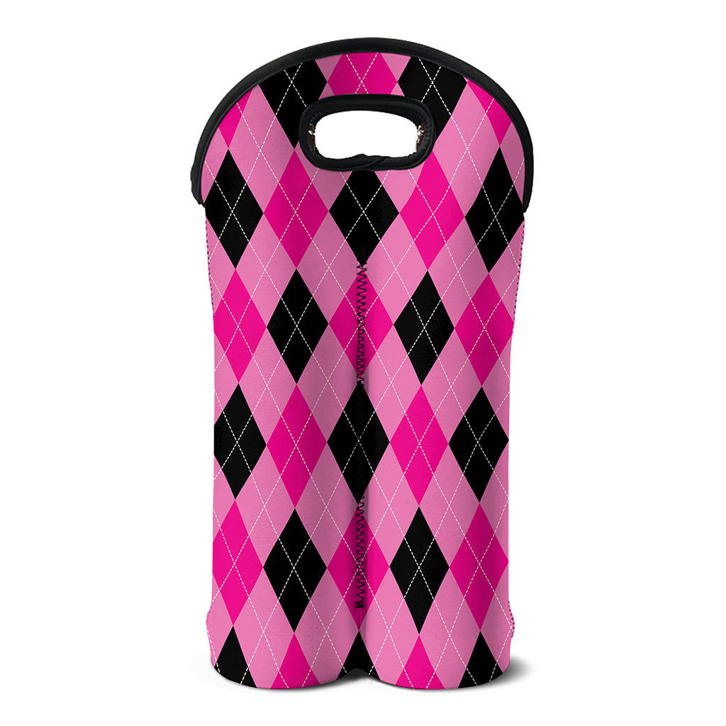 Pink And Black Argyle Pattern Print Double Neoprene Wine Tote