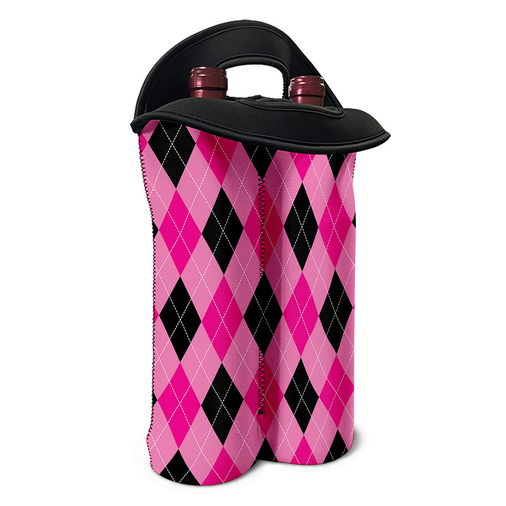 Pink And Black Argyle Pattern Print Double Neoprene Wine Tote