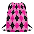 Pink And Black Argyle Pattern Print Drawstring Backpack