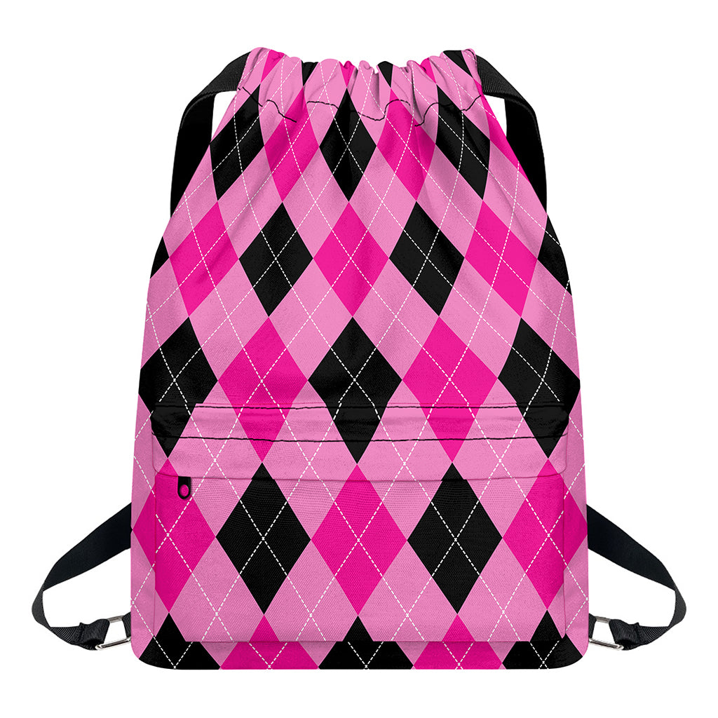 Pink And Black Argyle Pattern Print Drawstring Backpack