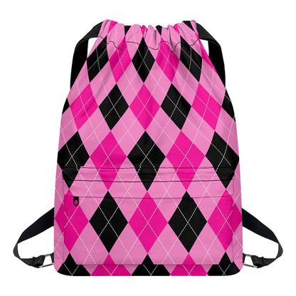 Pink And Black Argyle Pattern Print Drawstring Backpack