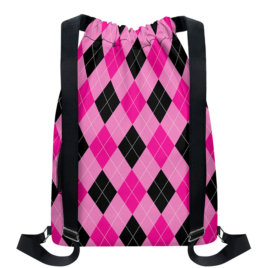 Pink And Black Argyle Pattern Print Drawstring Backpack