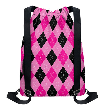 Pink And Black Argyle Pattern Print Drawstring Backpack