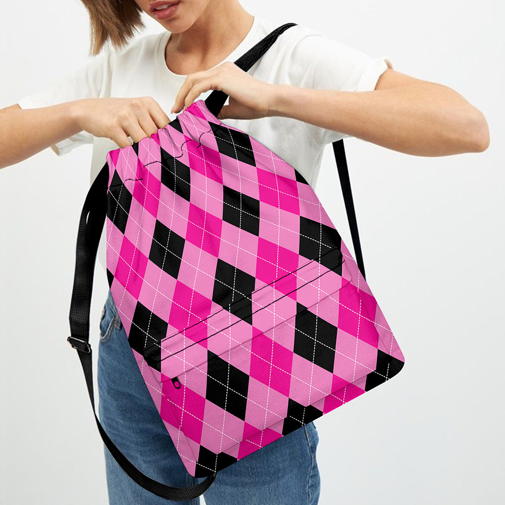 Pink And Black Argyle Pattern Print Drawstring Backpack