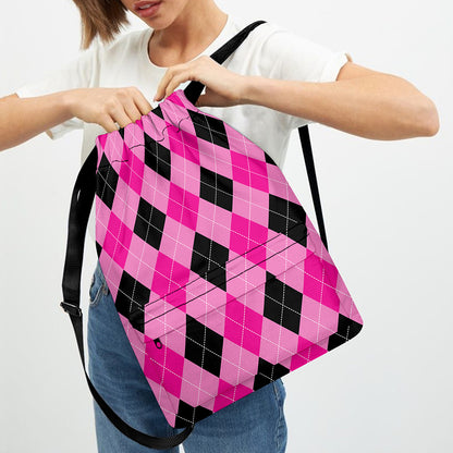 Pink And Black Argyle Pattern Print Drawstring Backpack