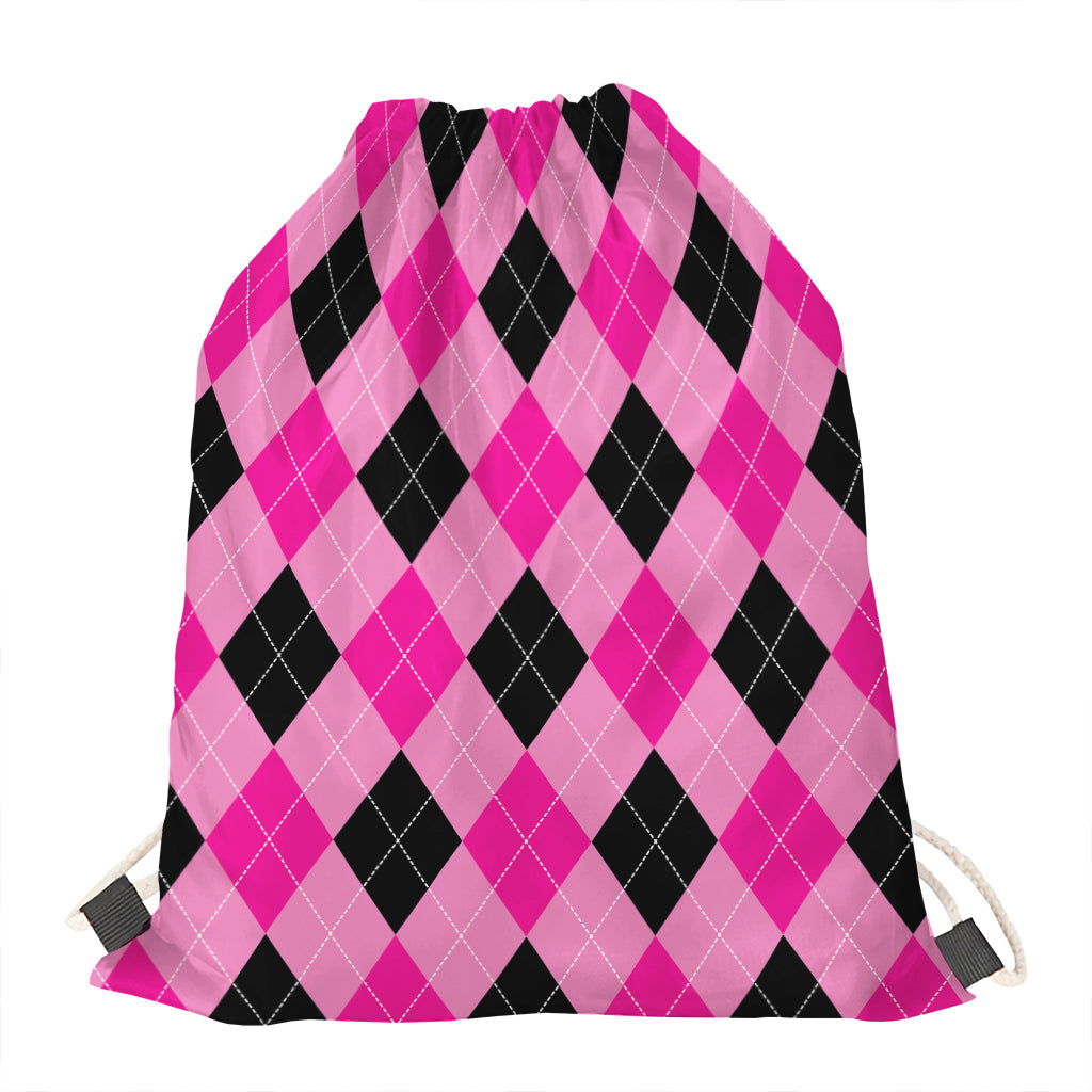 Pink And Black Argyle Pattern Print Drawstring Bag