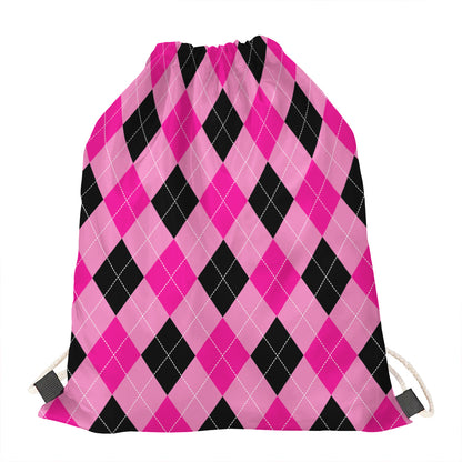 Pink And Black Argyle Pattern Print Drawstring Bag