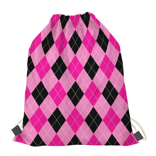 Pink And Black Argyle Pattern Print Drawstring Bag
