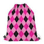 Pink And Black Argyle Pattern Print Drawstring Bag